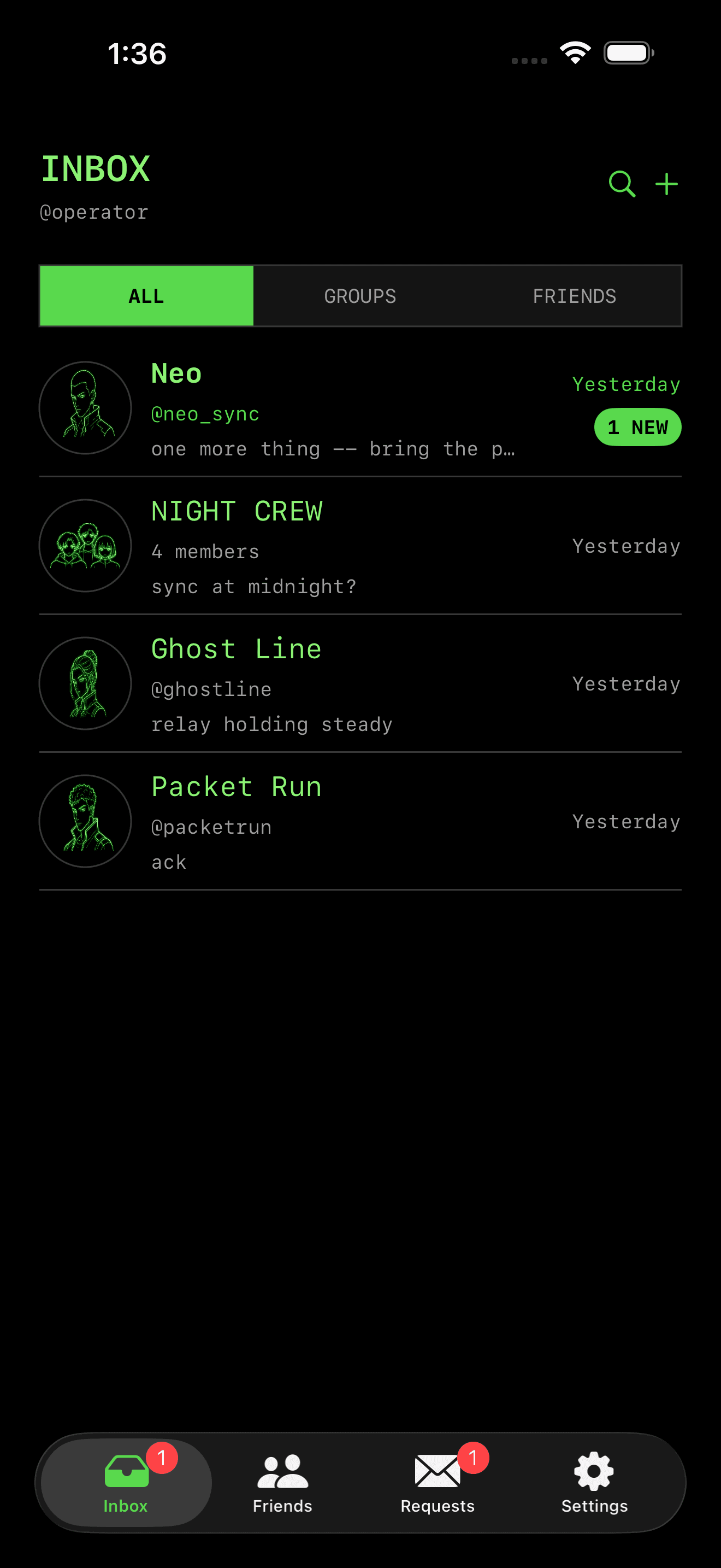 Retro Messenger inbox screenshot
